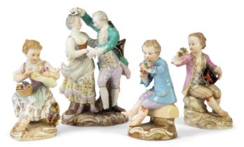 Four Meissen porcelain figures, 19th - 20th centuries, comprising: a figural group of lovers danc...