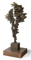 A bronze abstract sculpture, late 20th century, unsigned, on a stained wood plinth, 65cm high ove...