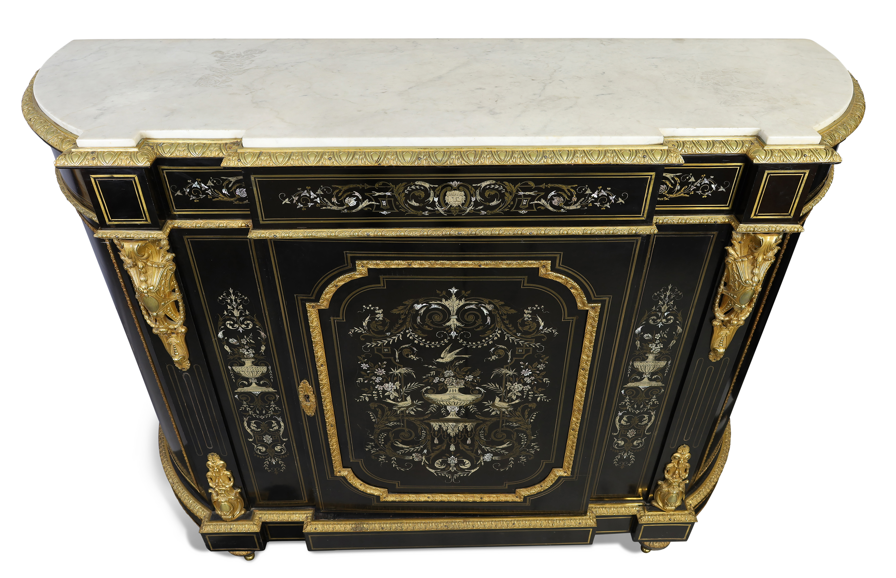 A Napoleon III brass, ivory and mother-of-pearl inlaid ebonised breakfront cabinet, third quarter... - Image 3 of 5
