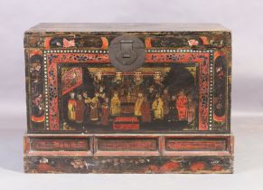 A Chinese polychrome painted elm trunk, 19th century, 69cm high, 101cm wide, 64cm deep