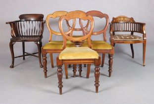 An Edwardian inlaid mahogany and rosewood armchair, with tapestry upholstered seat; an Edwardian ...