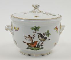 A Herend porcelain 'Rothschild Birds' pattern twin-handled cachepot and cover, 20th century, the ...