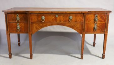 A George III mahogany and marquetry breakfront sideboard, last quarter 18th century, satinwood in...
