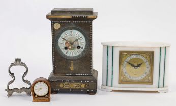 A group of clocks, to include: an Elliott of London marble mantle clock, 20th century, the dial m...