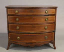 A Regency inlaid mahogany bow front chest, first quarter 19th century, satinwood crossbanded, wit...