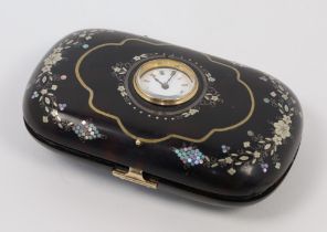 A French tortoiseshell and pique work purse with inset pocket watch, late 19th century, of rounde...