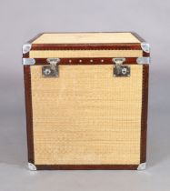 A modern wicker and leather bound trunk, 66cm high, 61cm wide, 61cm deep