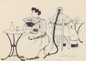 Lamouche,  French 1864-?  A café scene;  black ink on paper, signed Lamouche (lower right), 7.7...