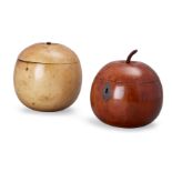 A fruitwood apple-form tea caddy, possibly c.1800, with later stalk and iron escutcheon, 12cm hig...