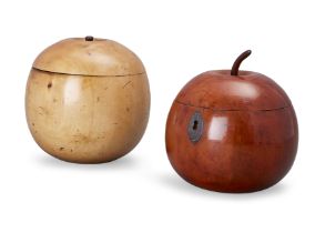 A fruitwood apple-form tea caddy, possibly c.1800, with later stalk and iron escutcheon, 12cm hig...