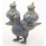 A Chinese cloisonné double incense burner in the form of a bird, 20th century, each burner sittin...