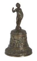 An Italian bronze table bell, possibly Venetian, 19th century, with figural handle, the body cast...