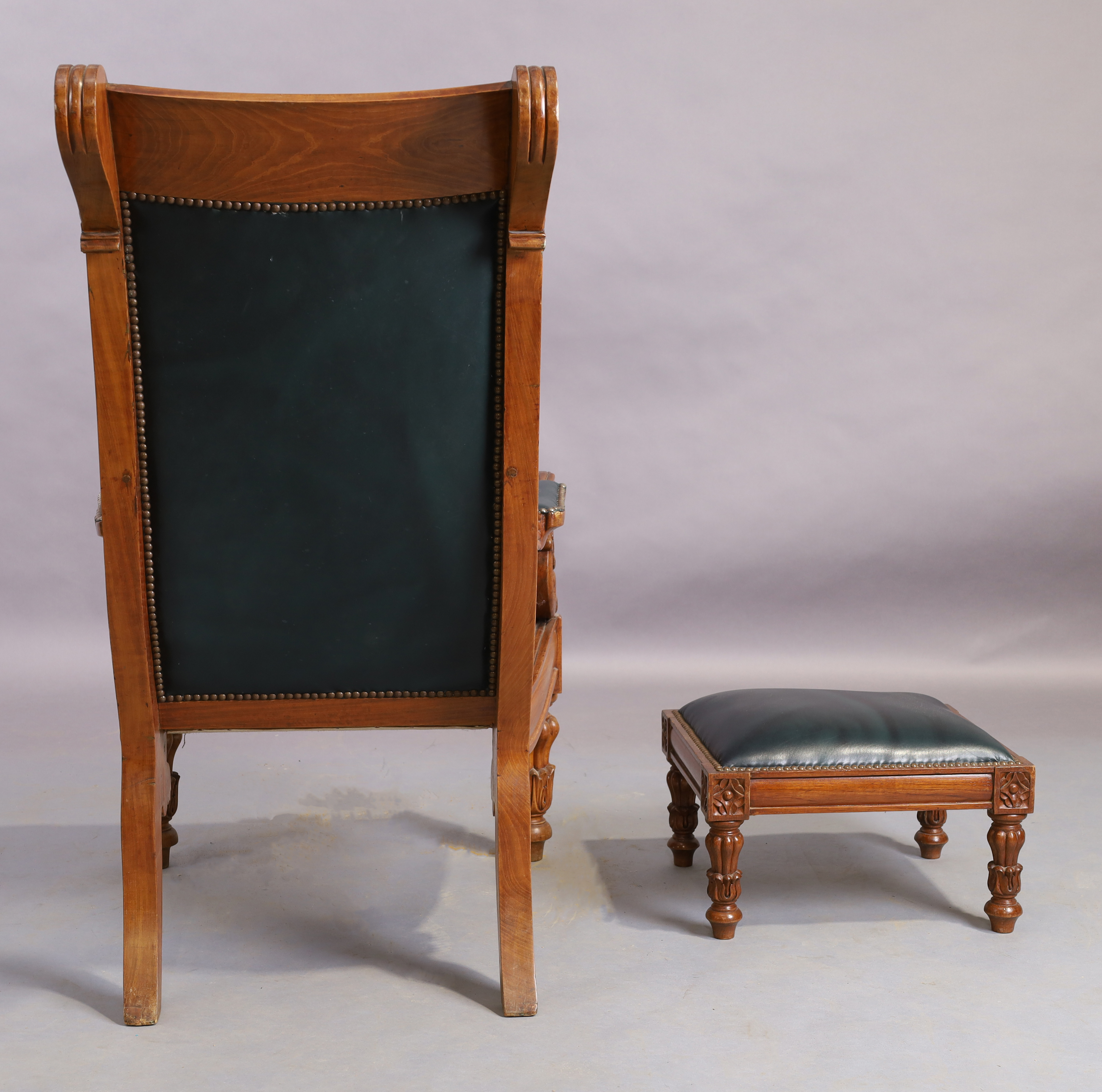 An Indonesian carved button back arm chair and stool, William IV style, 20th century (2) - Image 3 of 4
