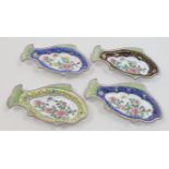 A group of four Chinese enamel fish-shape footed dishes, 20th century, each with green painted fi...