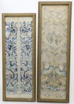 Two Chinese embroidered sleeve panels, 19th century, each with floral motifs highlighted in gild...