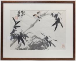 A Chinese watercolour and ink wash painting on paper, 20th century, depicting two sparrows perche...