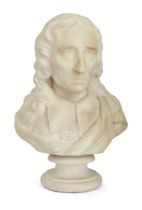 An English white marble bust of John Milton, 19th century, modelled with a draped coat, on a circ...