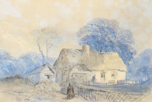 British School,  19th Century-  Cottage landscape with figures;  watercolour on paper, 15.1 x 2...