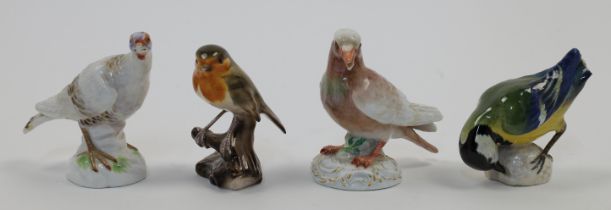 Three Meissen porcelain birds, 20th century, blue crossed swords marks, to include: a white crown...