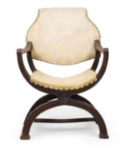 An Italian walnut Savonarola chair, 18th century, the shaped back to sloping arms, on X-frame bas...