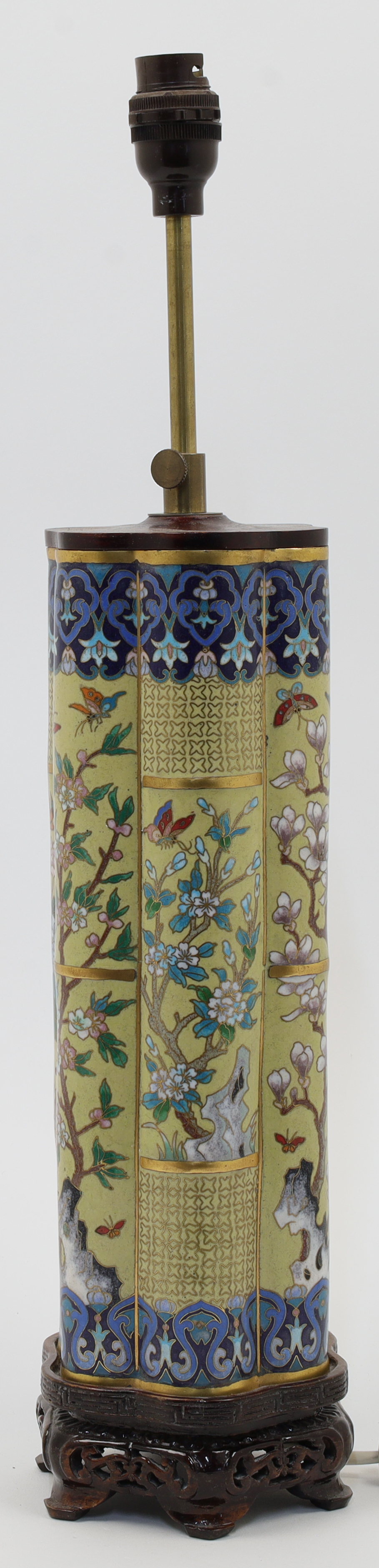 A Chinese cloisonné lobed sleeve vase converted to a lamp, late Qing / Republic period, early 20t...