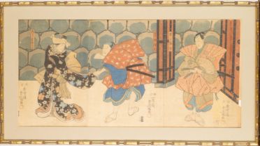 After Utagawa Kunisada, Japanese, 1786-1865, a woodblock print triptych of kabuki actors of Chusi...