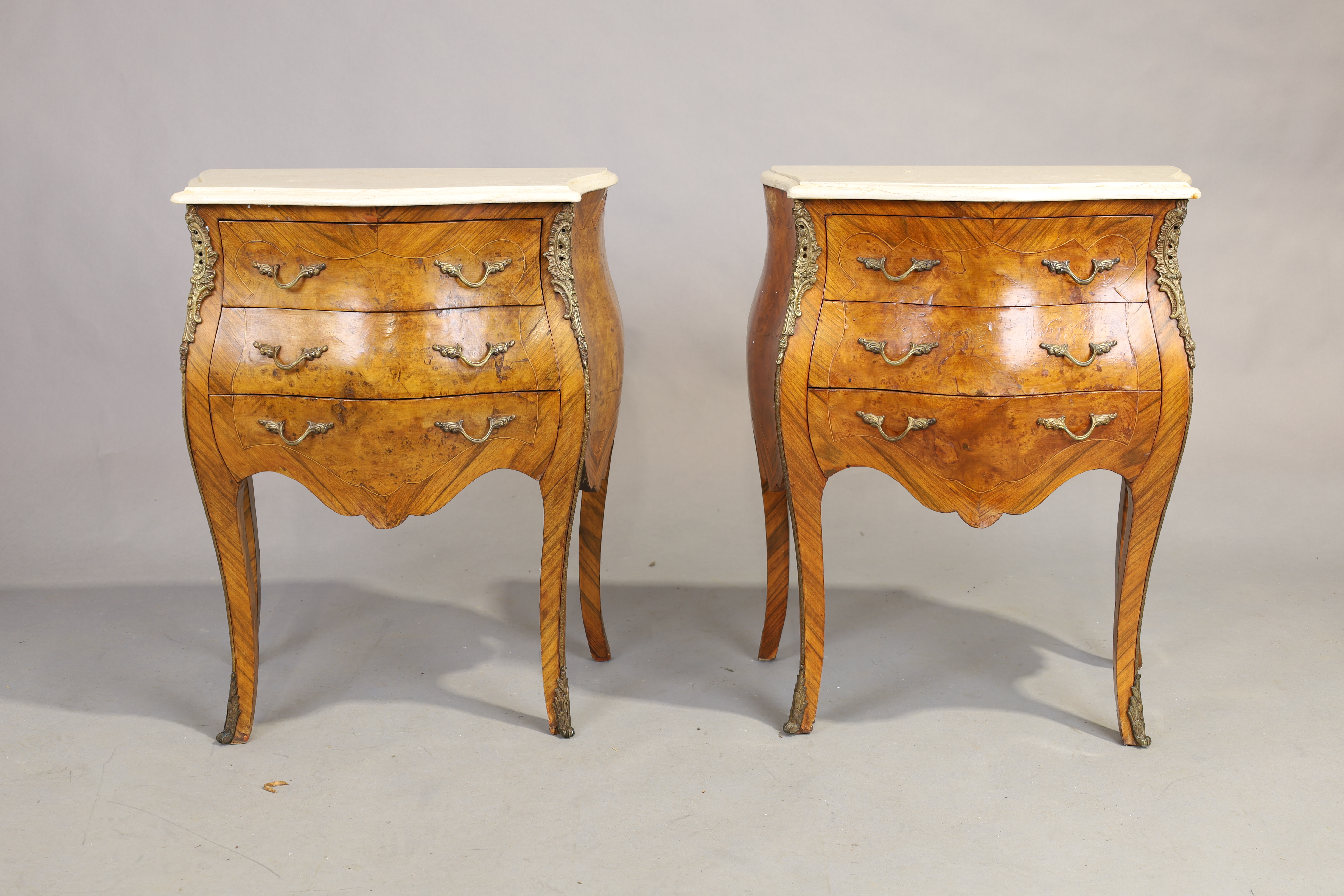 A pair of French bombe side commodes, Louis XV style, 20th century, gilt metal mounted, with marb... - Image 2 of 4