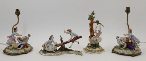 A pair of Capodimonte porcelain figural groups converted to bedside lamps, 20th century, each mod...