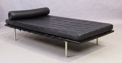 After Ludwig Mies Van Der Rohe, a leather 'Barcelona' style daybed, c.2000, with black leather cu...