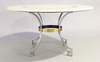 A chrome and inlaid composite table, 20th century, 75cm high, 136cm diameter