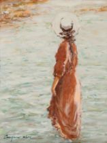 Christiaan Nice,  South African 1939-2020 -  Woman in shallow water;  oil on board, signed lowe...