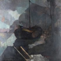 British school,  20th century -  Moored boat;  oil on canvas, indistinctly signed lower left, 9...