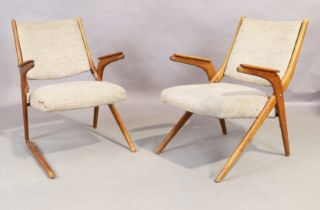 A pair of Danish oak x-framed armchairs, c.1950, upholstered in wool fabric, 80cm high, 58cm wide...