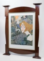 A mahogany Art Nouveau picture frame, early 20th century, containing a c.1960 lithographic poster...