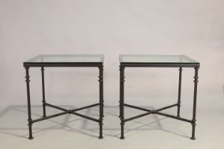 A pair of modern steel occasional tables, with glass tops, 62cm high, 60cm wide, 60cm deep (2)