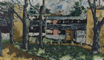 European school,  mid to late 20th century -  Building amongst trees;  oil on board, 36 x 61.5 cm