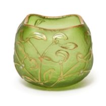 A Daum Nancy mistletoe pattern green glass vase, late 19th / early 20th century, acid etched and ...