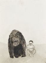 Orly Orbach,  British 21st century -  Paris with the Bear;  ink on card, signed and titled to t...