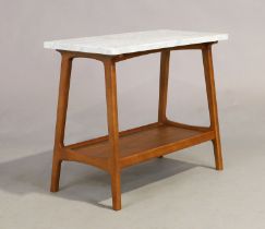 A contemporary marble topped teak side table, retailed by West Elm, 58cm high, 72cm wide, 36cm deep