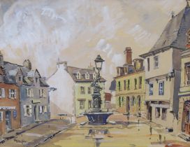 European school,  Active c. 1954 -  Street scene with fountain, 1954;  gouache on paper, signed...