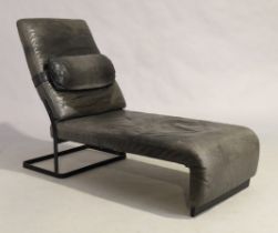 A metamorphic leather upholstered chaise longue/chair, c.1970, with lacquered steel support