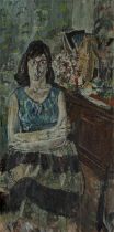 British Kitchen Sink school -  Seated woman, c.1950s;  oil on board, 122 x 61 cm  Note: board ...