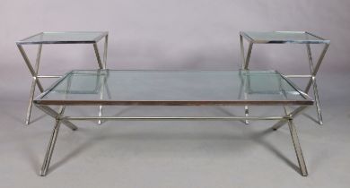 A contemporary chrome and glass coffee table, 40cm high, 125cm wide, 65cm deep, and a pair of mat...