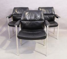 Miller Borgsen for Röder Söhne, set of three lounge chairs, c.1966, with black leather upholstere...