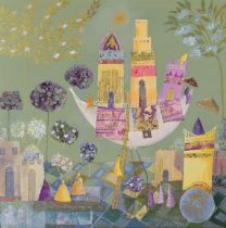 Annie Courtiaud,  French 21st century -  Fantastical scene;  mixed media on canvas, signed lowe...