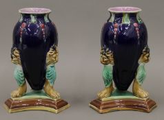 A pair of Majolica vases. Each 17.5 cm high.