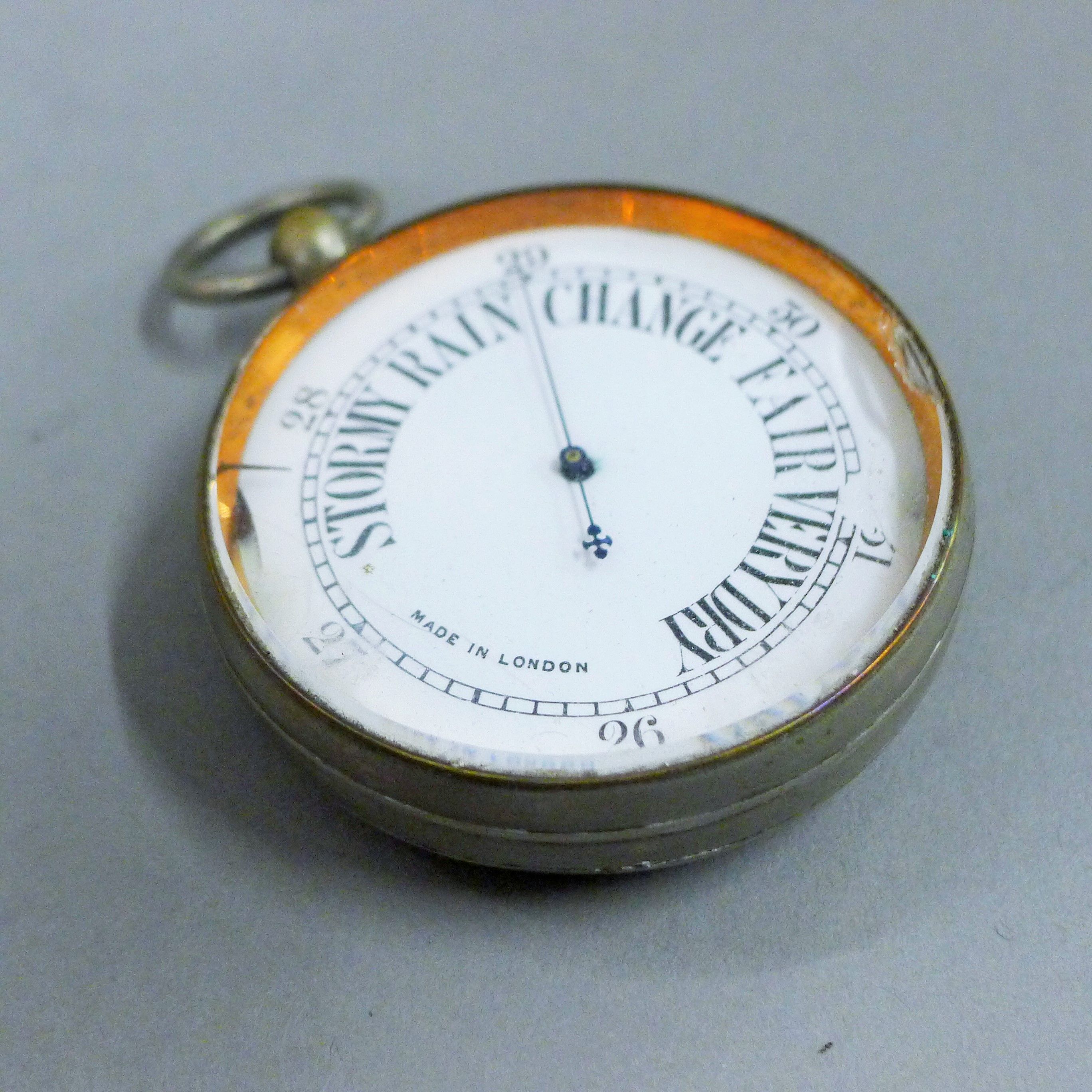 A silver plated barometer set in a silver case (case lacking watch). 19.5 cm wide. - Image 6 of 6