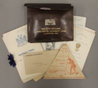 A Freemasonry collection of menus, invitations, a leather case with apron, etc.