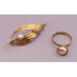 A 9 ct gold pearl brooch and ring. Ring size P/Q. 7 grammes total weight.