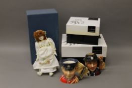 Two boxed Royal Doulton character jugs and a boxed collectors doll.